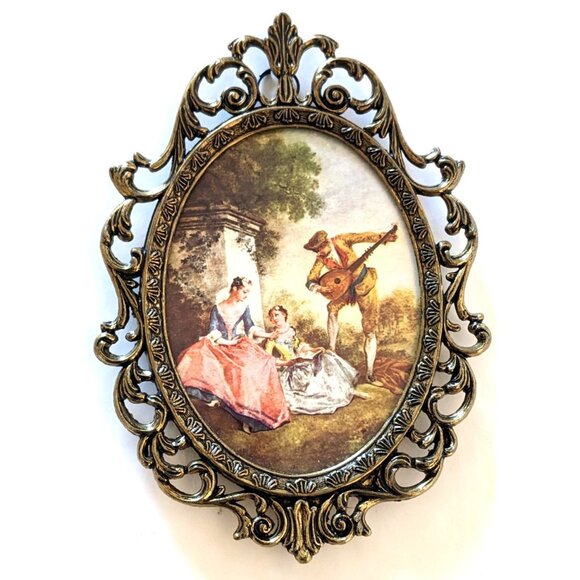 Lot Of 2 Vintage Ornate Framed Pictures Oval Brass Wall Hanging 6" Made In Italy - Picture 3 of 8